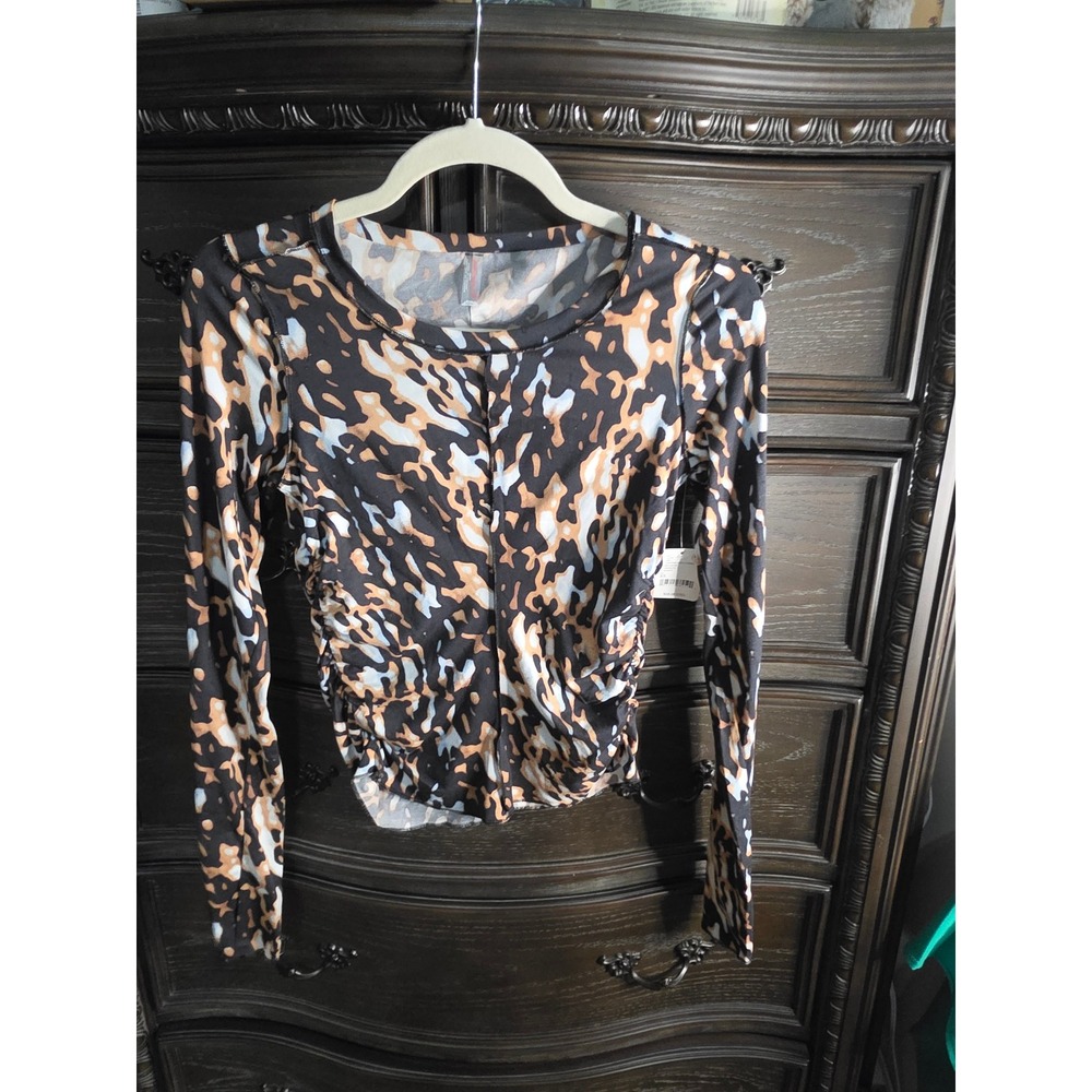 Free People Movement Tortoise Shell Ruched Long Sleeve Top XS OB2041974 NWT
